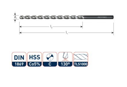 HSS-Co Spiraalboor, type TLS1000, extra lang 7/370/250