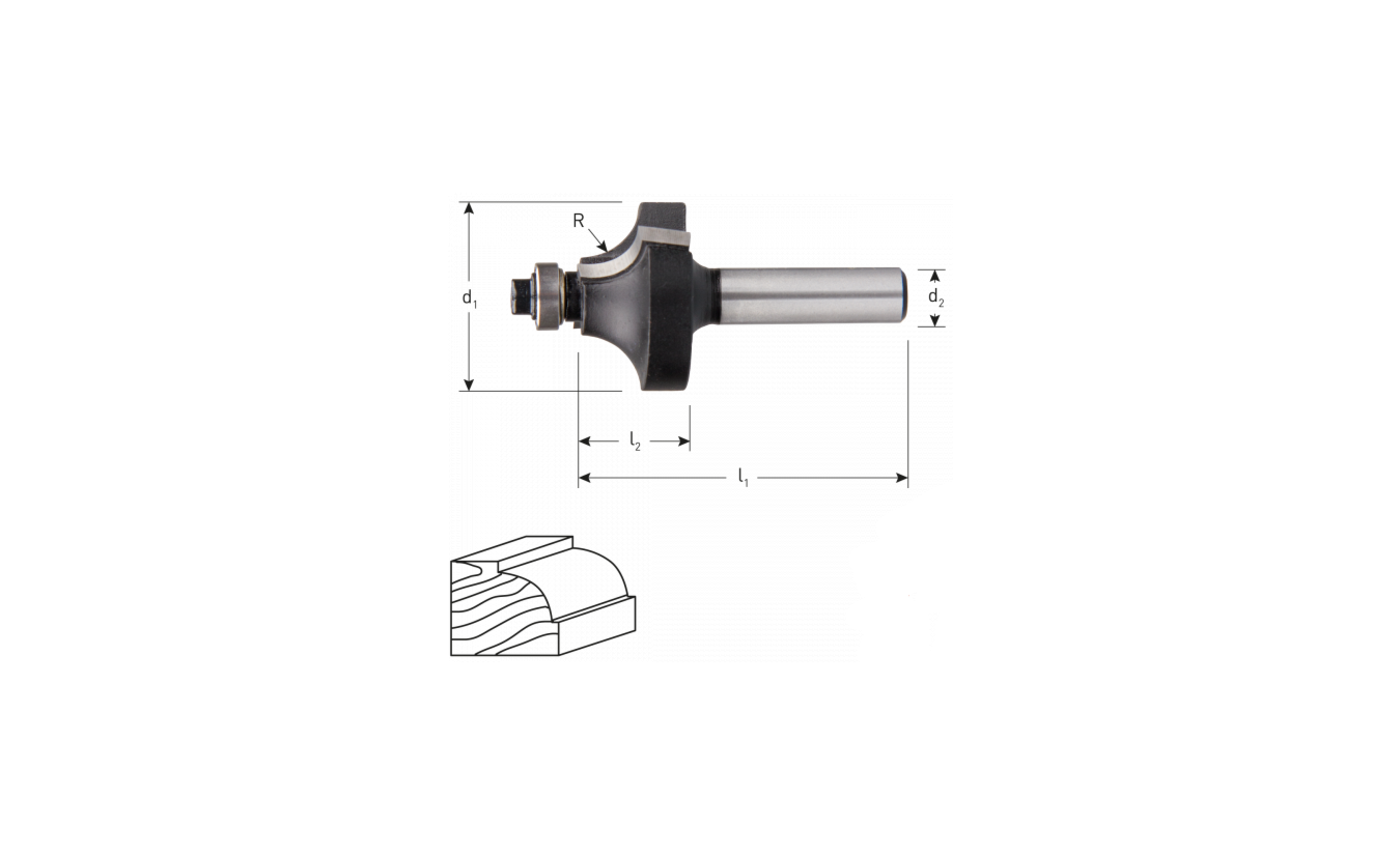 HM Kwartrondfrees met lager, R=8,0 / 28,7 x 15 mm schacht 8