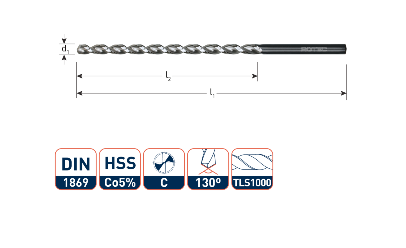 HSS-Co Spiraalboor, type TLS1000, extra lang 7/370/250